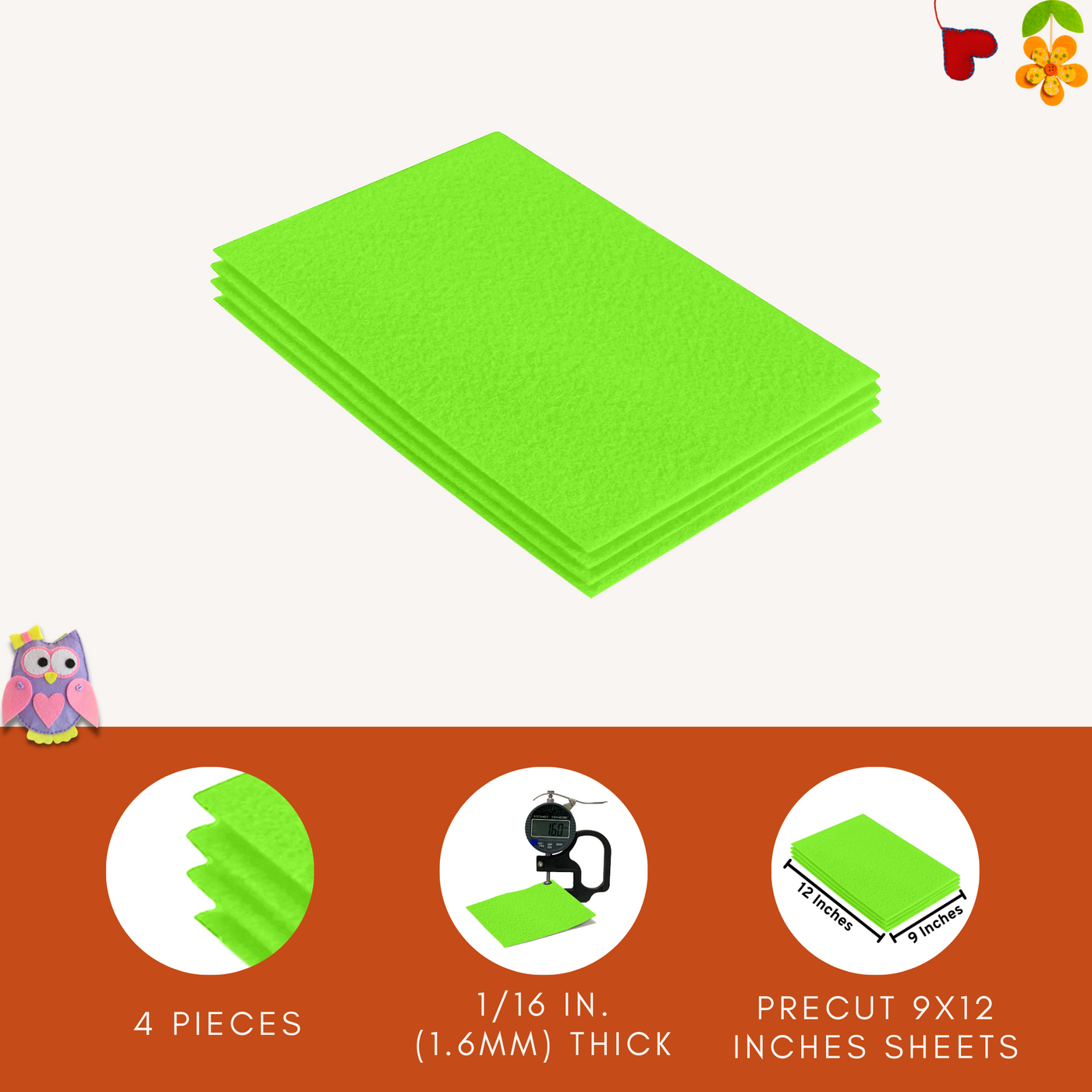 Acrylic Felt 9"X12" Sheet Packs | Neon Green - FabricLA.com